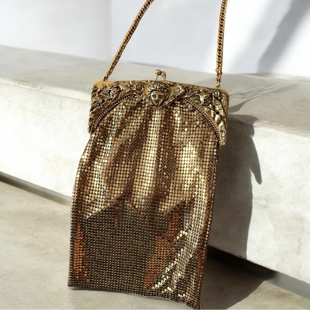Vintage Whiting and Davis Face Flower Mesh Gold Purse Shoulder Bag Rare Chain - Picture 1 of 16